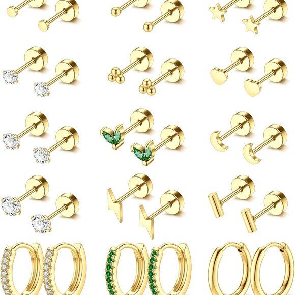15 Pairs Gold & Steel Flat Back Hypoallergenic Stud & Hoop Earrings Set for Sens - Picture 1 of 6